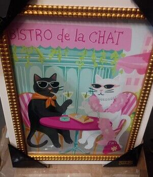 Sapna Shah Bistro de la Chat Framed Cat Café Art - Pink & Teal